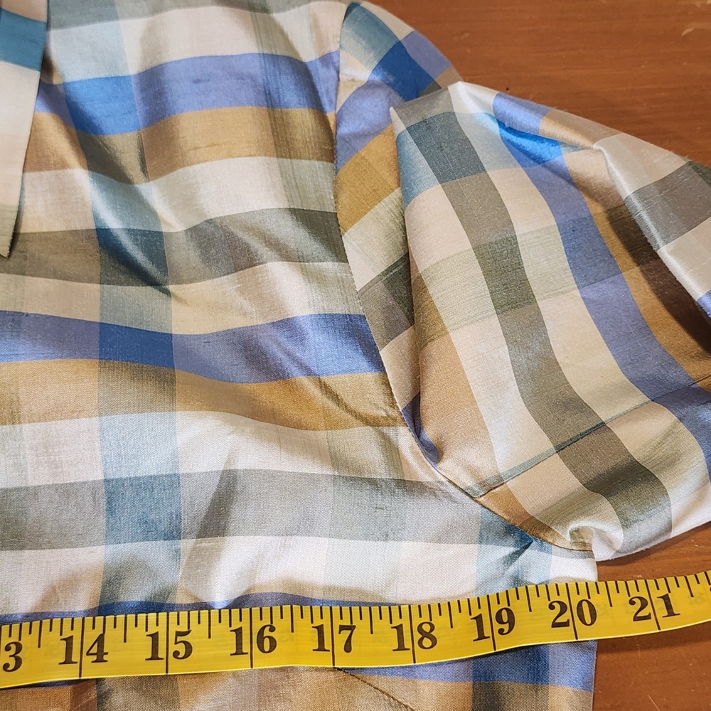 Silkland Shirt Top Jacket Womens 10 Blue Gold Green Check Silk Casual Office VTG - Picture 6 of 8